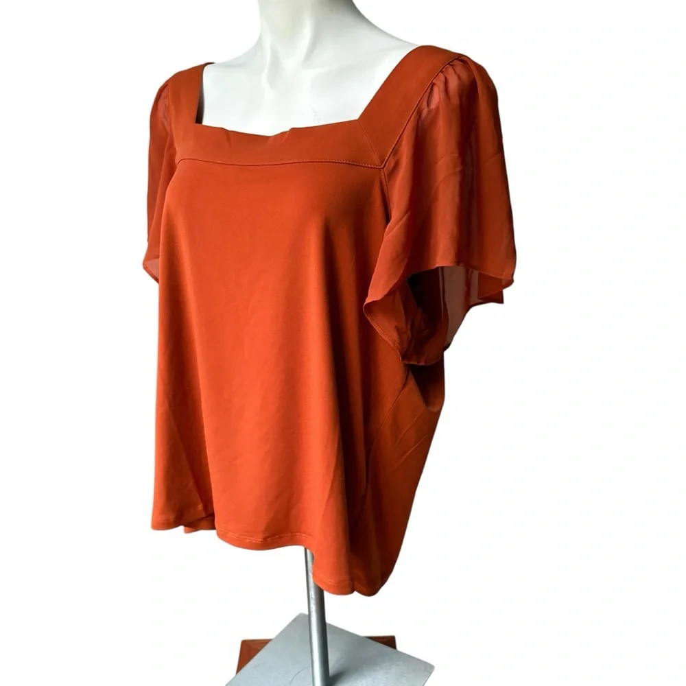 NWT, Calvin Klein Flutter-Sleeve Square-Neck Top in Rust, Sz XL - Picture 3 of 9